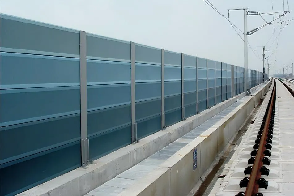 Close-up view of highway noise barrier panel showing material texture and mounting details