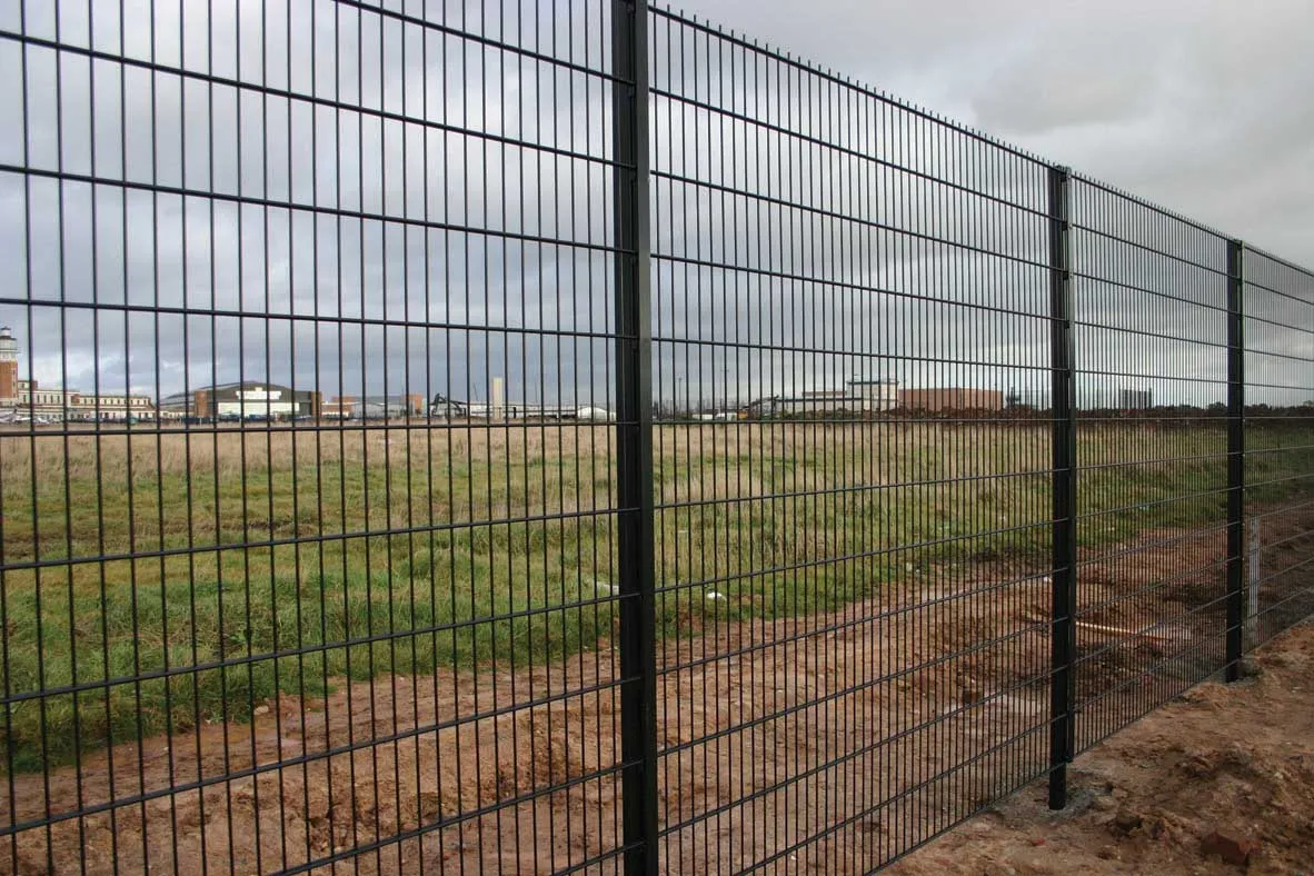 Double wire mesh fence panels with twin horizontal wires for high security perimeter protection