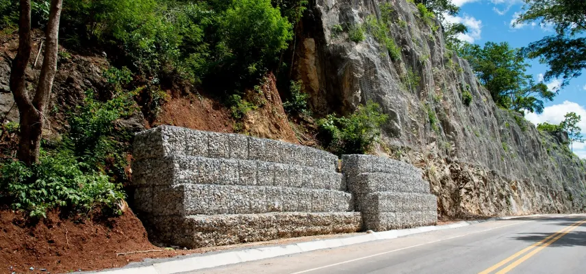 Riverbank protection using woven gabion baskets